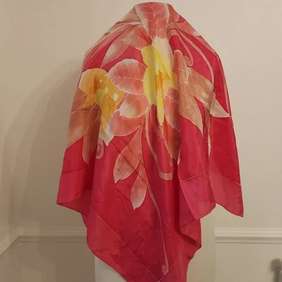Vintage Floral Silk Batik Scarf With Yellow & Pink Flowers 34" - Picture 3 of 5